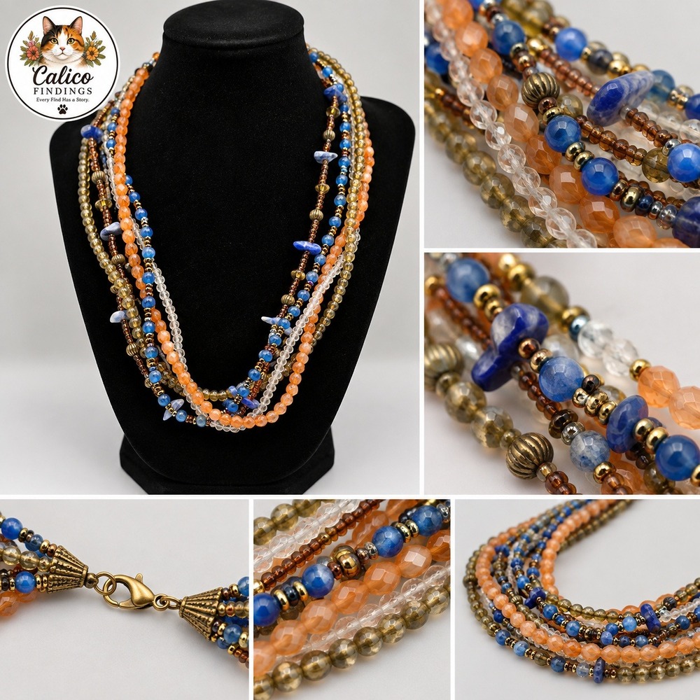 Multi Strand Beaded Layered Necklace Blue Orange Clear Boho Statement Jewelry
